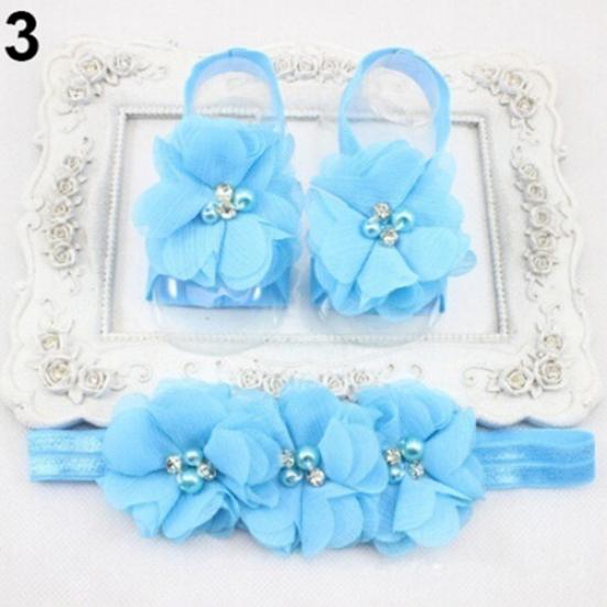 Cute Newborn Baby Infant Girl Rose Flower Headband + Barefoot Ring Sandals Shoes