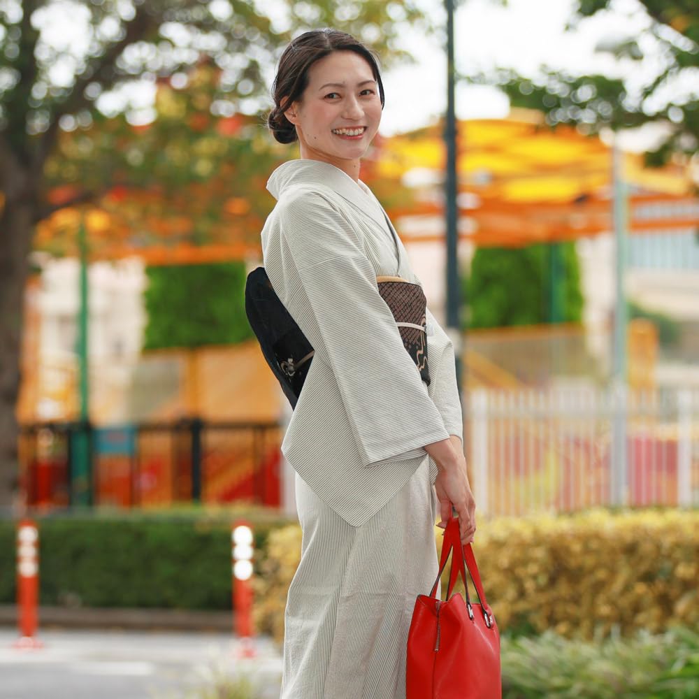 Kjótské kimono Yuzen, pratelné kimono Komon, vyrobené v Japonsku, jednovrstvé kimono, dámské, hotové k nošení, pruhované (Světle béžová, L)