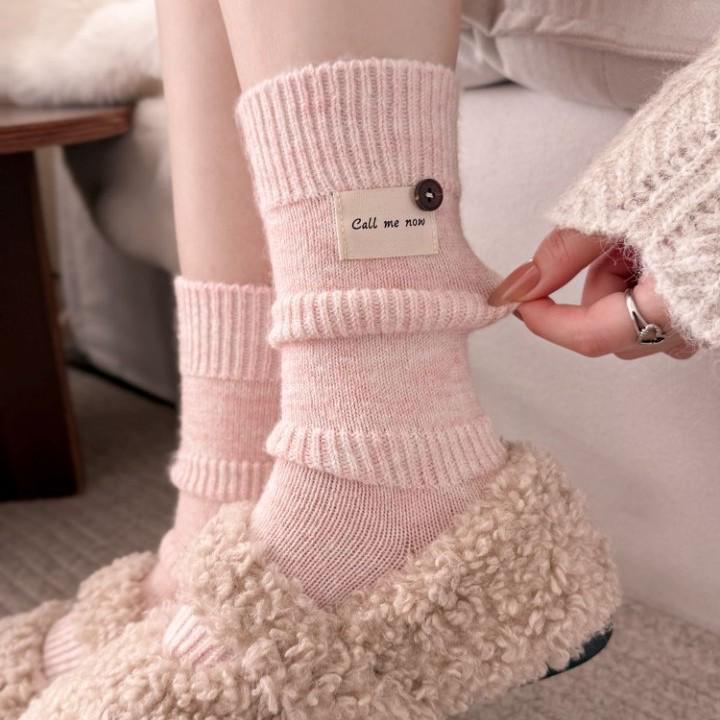Women's Wool Mid-Calf Socks: Warm, Thick, Knitted with Button Detail, Solid Color, Simple and Chic
