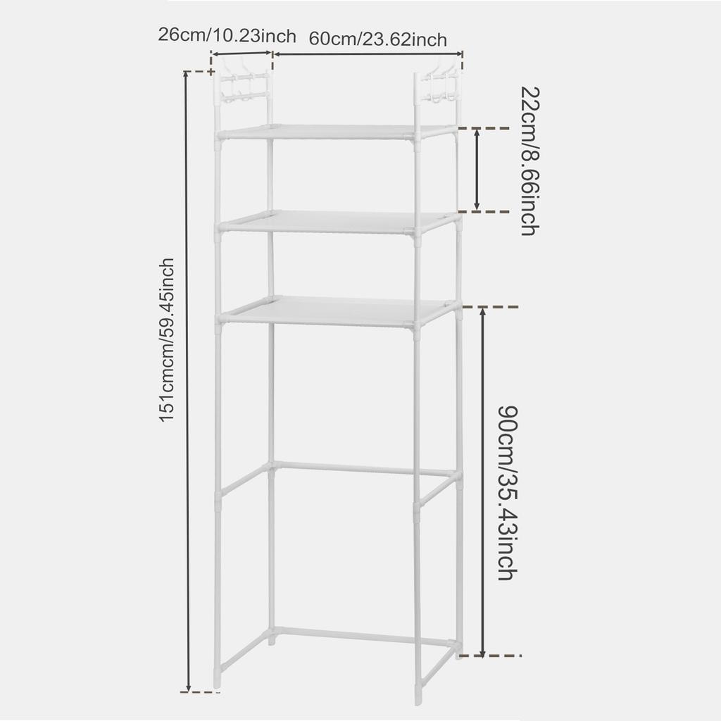 Over The Toilet Storage Rack with 4 Hooks 3 Tier Bathroom Shelf Punch-free Versatile Storage Rack for Bathroom Laundry Restroom