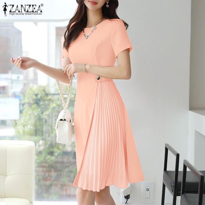 ZANZEA Women Summer Round Neck Short Sleeve Casual Patchwork Dress