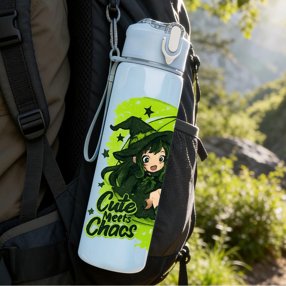 1PC Green Witch Girl Art Pattern 750ml Color Plastic Sports Water Bottle Leakproof Flip Straw Lid Suitable for Sports Office Home Use