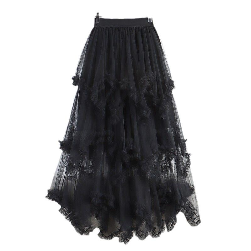 Mushroom Edge Irregular Mesh Midi Tulle Skirt - High Waist Puffy Swing Fairy Skirt