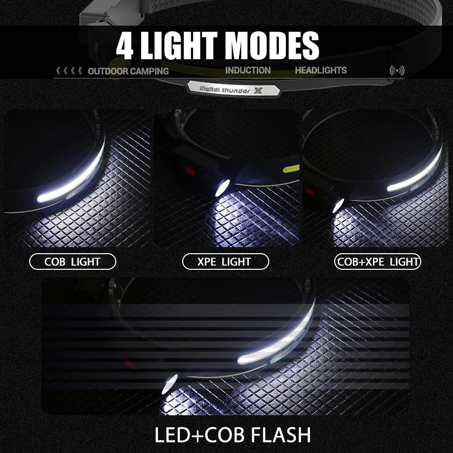 New Upgrade Rechargeable LED Sensor Headlamp XPE+COB Headlight Led Head Torch 18650 Battery Work Light Camping Fishing Lantern