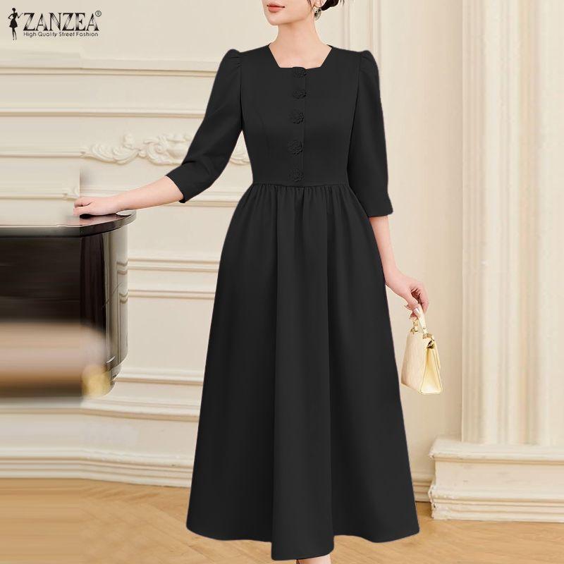 ZANZEA Women Casual Square Collar 3/4 Sleeve Long Dress