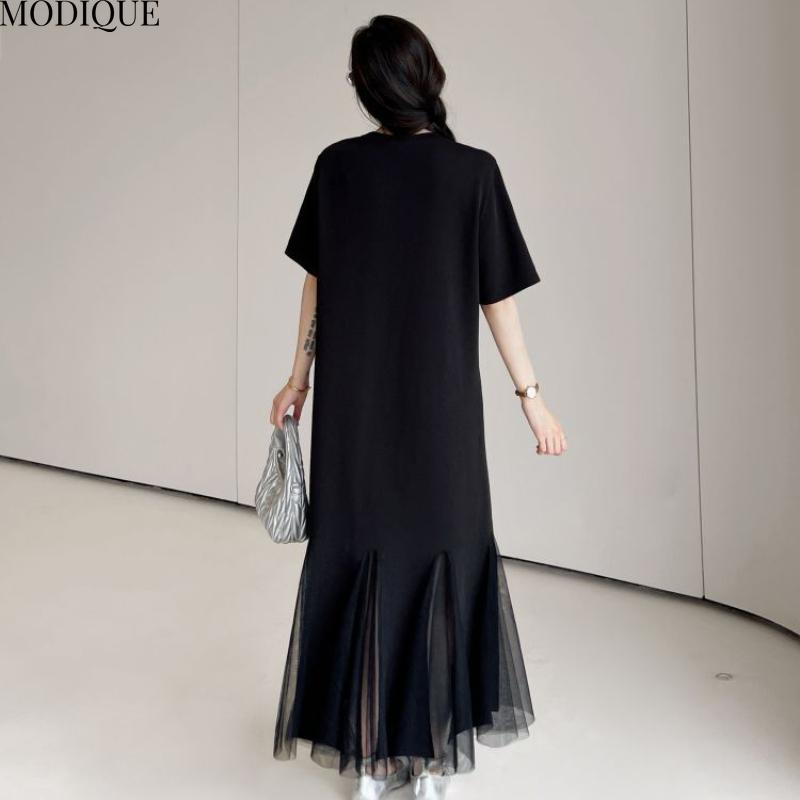 MODIQUE Summer Plus Size New Women Loose Elegant Solid Color Printing Mesh Hemline Long Dress Female Casual Short Sleeve O-Neck Dresses