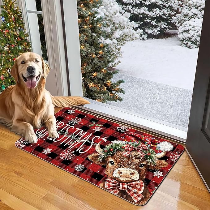 Christmas Highland Cow Carpet Mat Rug -Red Plaid Snowflake & Beige Wood Pattern Non-slip Home Decoration Floor Mat Welcome Mat