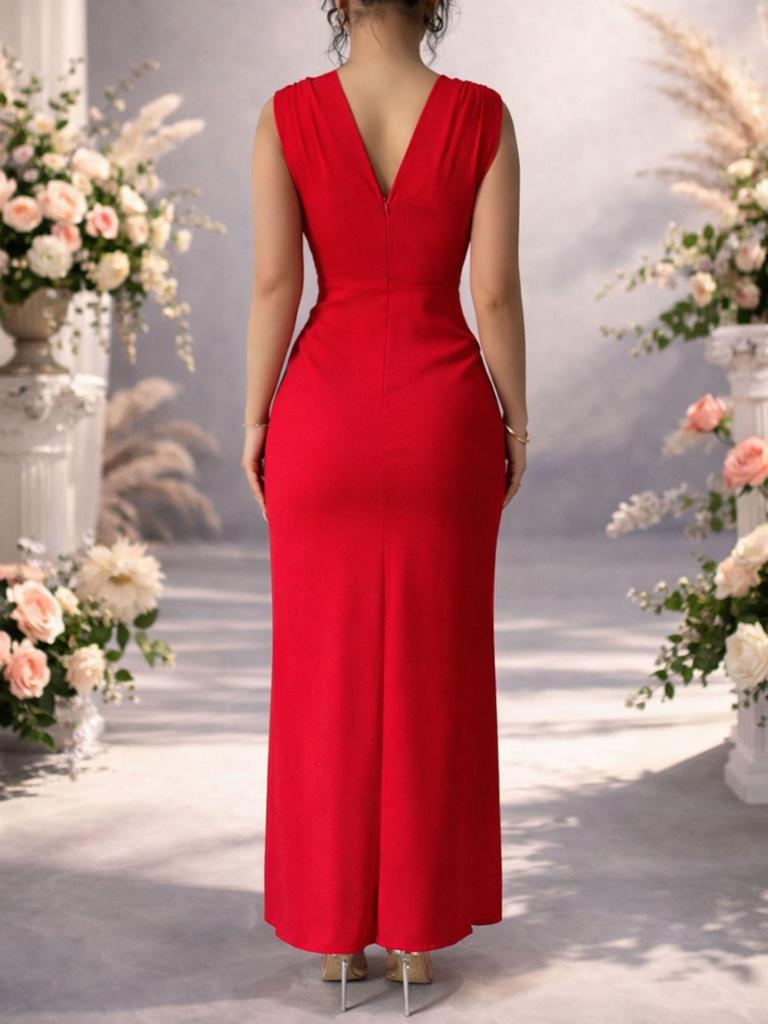 2026 Elegant V-neck Side Slit Pleated Evening Gown with Waist Detail