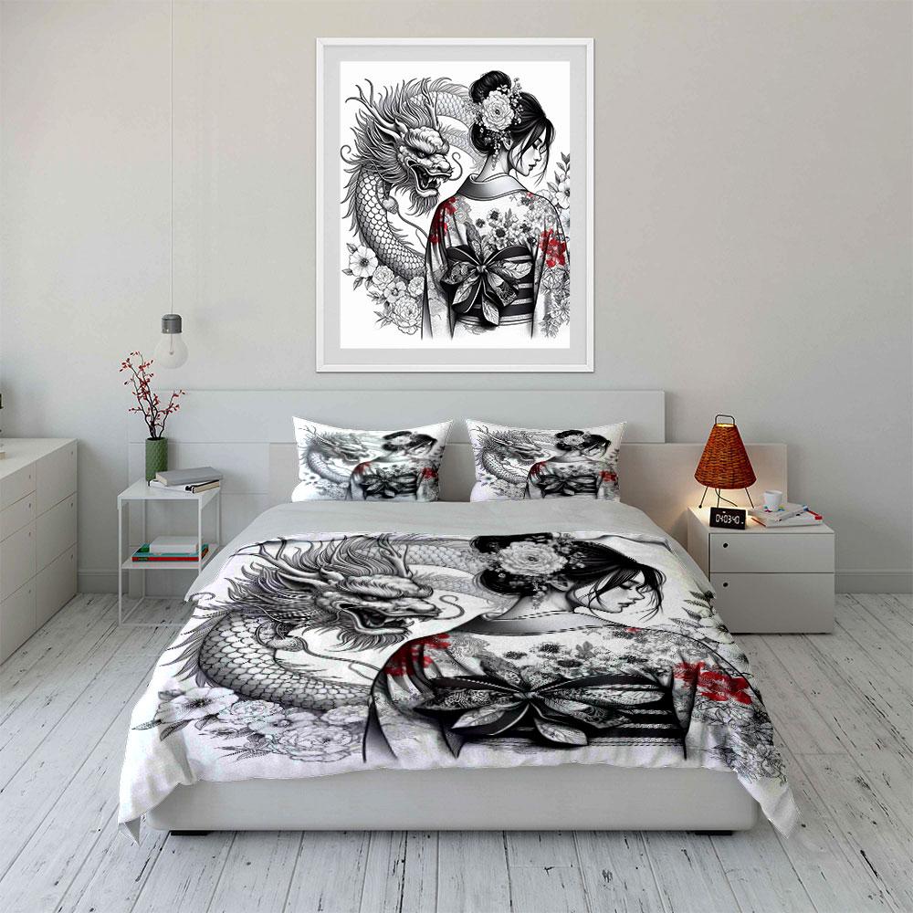 Floral Bride and Dragon Art Bedding Set for Kids Luxury Gift 3pcs Digital Print Comforter Set Soft Comfortable Breathable