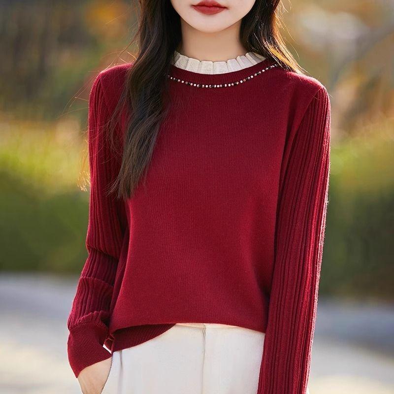 Solid Color Pullover Women's Beaded Loose Fashionable Bottoming Knitted Sweater Autumn and Winter Top