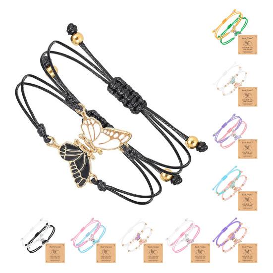2Pcs/Set Couple Bracelet Adjustable Wax Rope Butterflies Pendant Friendship Love Bracelet with Blessing Card Bestie Matching Jewelry