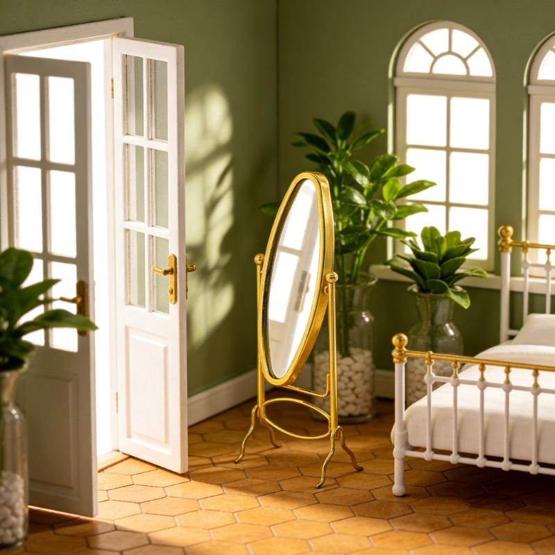 1:12 Scale Doll House Dressing Mirror Metal Floor Mirror Model Figurine For Miniature Bedroom Scene Setting Decoration