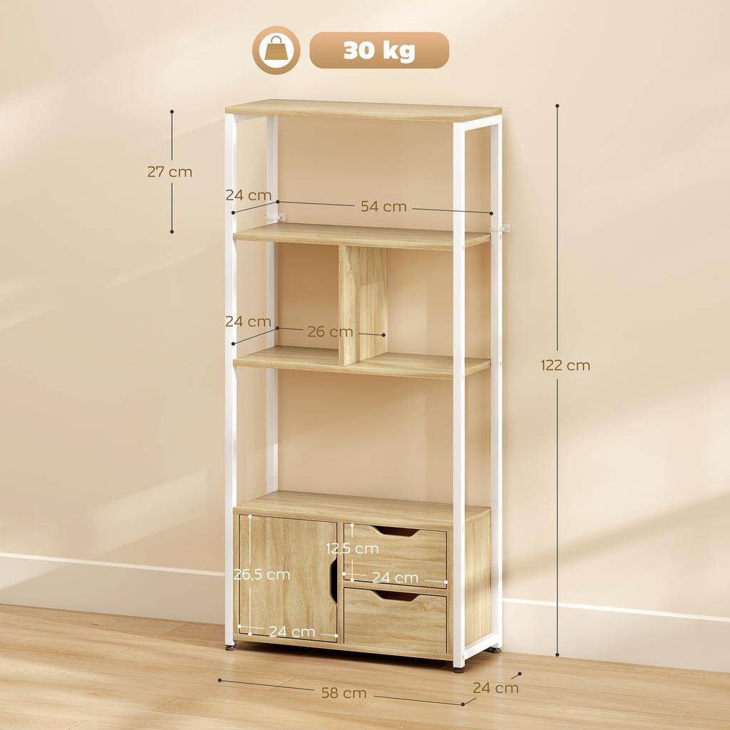 Bookcase Bookshelf with Shelves Drawers and Door 58x24x122 Cm Industrial Style White and Natural Wood