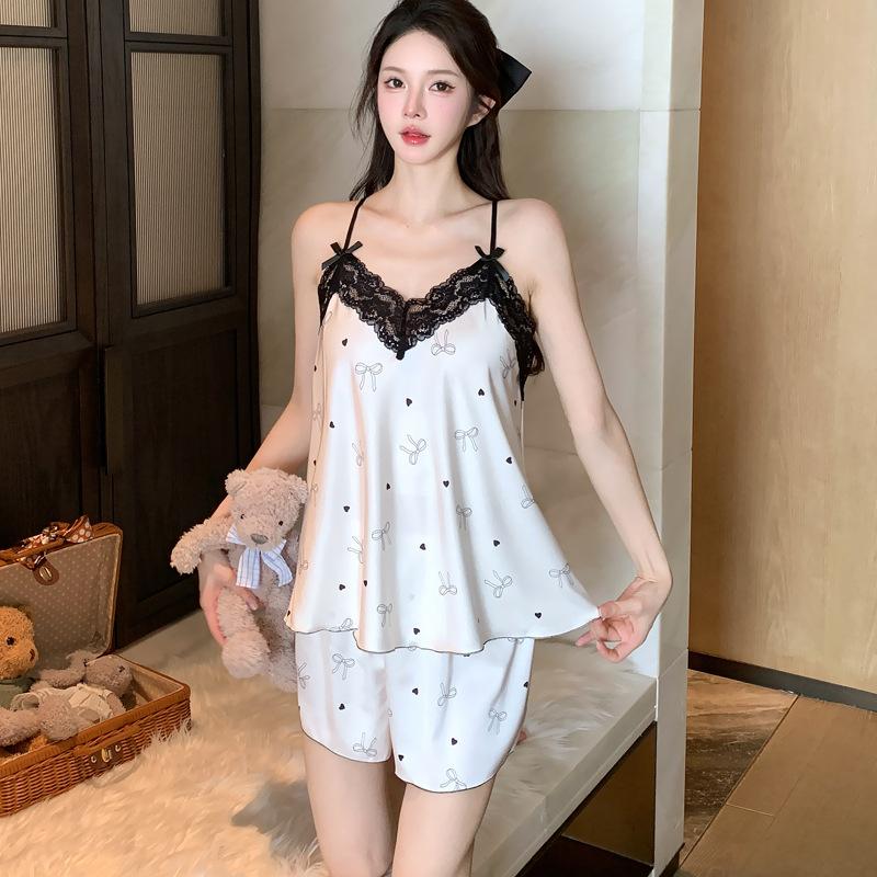 Ice and Snow Silk Satin Suspender Shorts Summer Women's Pajamas Ice Silk Printed Love Loungewear Set Live Stream