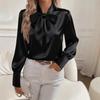2026 Elegant Lace-up Bow Tie Collar Satin Shirt Spring New Sweet Office Womens Blouse Fashion Casual Long Sleeve Sweet Fall Tops