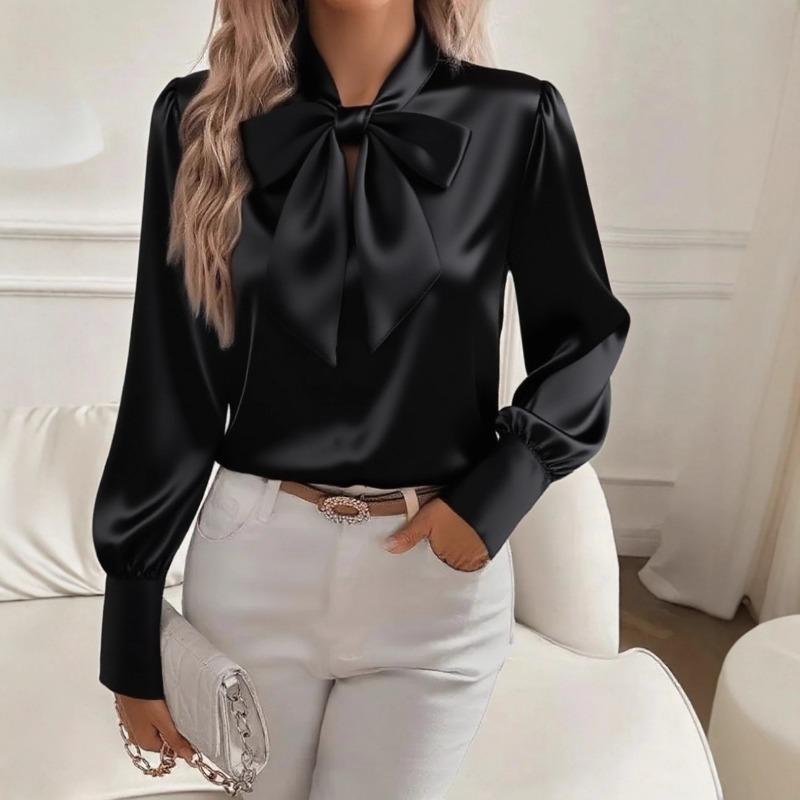 2026 Elegant Lace-up Bow Tie Collar Satin Shirt Spring New Sweet Office Womens Blouse Fashion Casual Long Sleeve Sweet Fall Tops