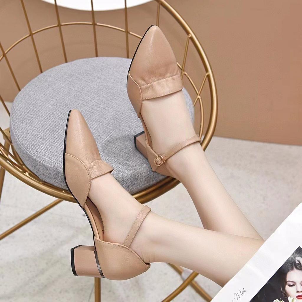 Hollow sandals 2025 summer new ruffle edge pointed head with thick heel middle heel first layer cowhide women's sandals