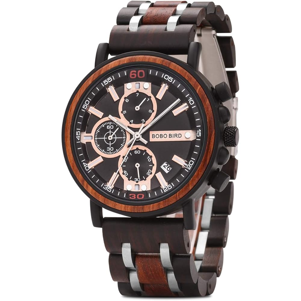 Bobo Bird S18-1 Men's Stylish Wooden Watch Black Stainless Steel Chronograph Luminous Pointer 44mm Fashion Watch