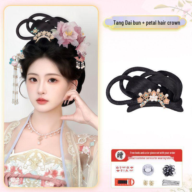 Hanfu Soft Bottom Wig with Tang & Ming Style Hair Bun Headdress for Performance