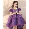 Kids Purple French Princess Evening Gown, Girls Host Wedding Flower Girl Piano Dress