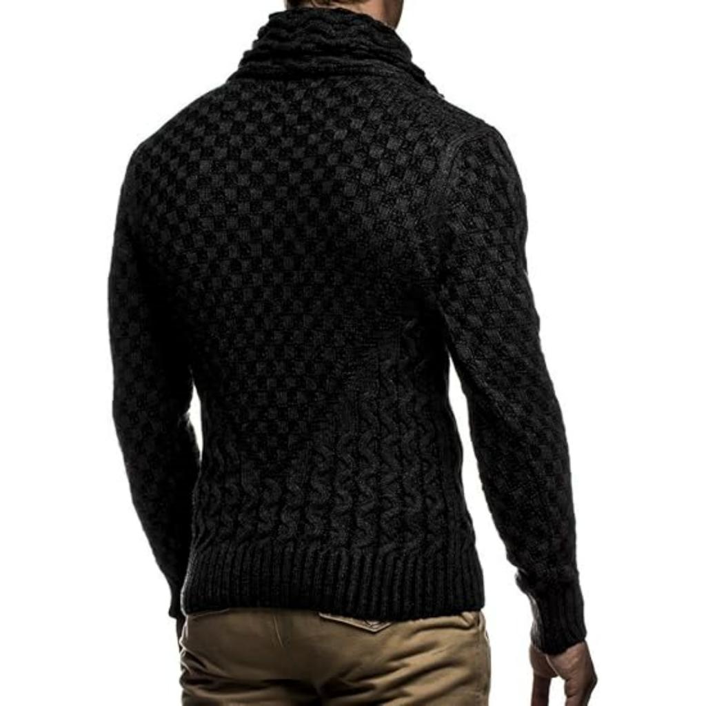 Men's Casual Solid-color Patchwork Style Long-sleeved High-neck Sweater, Men's Scarf Leather Button-down Pullover Knitted Sweater