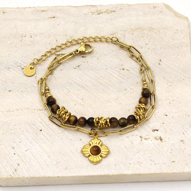 Gold Plated Stainless Steel Tiger Eye & Crushed Stone Beaded Bracelet for Women - Retro Luxury Jewelry
