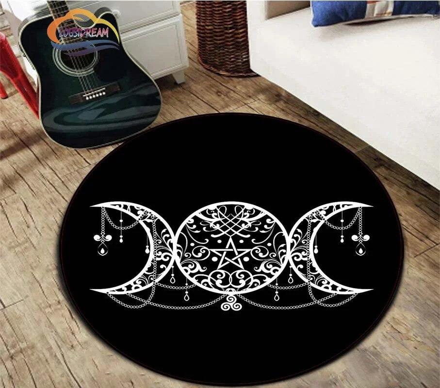 Koberec se symbolem pentagramu, kulatý koberec se vzorem pentagramu, past Satanova ďábla, bílá na černém nadpřirozeném koberci