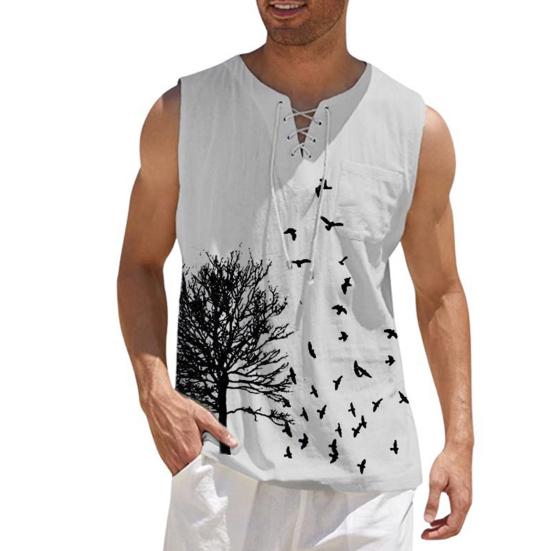 

Men Summer Tank Top Tree Bird Print Lace-up Design Casual Sleeveless T-Shirt Loose Fit Vest Jogging Beach Gym Shirts L светло-серый