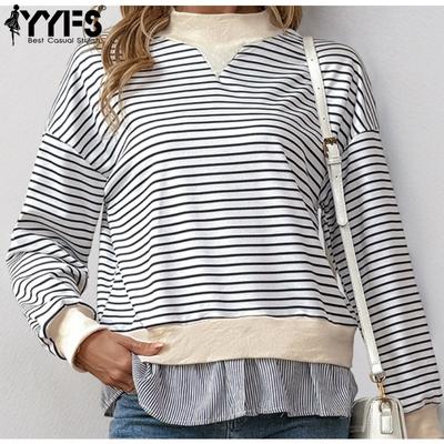 Women's Fashion Casual Spring Fall Stripe Print Long Sleeve Half Turtleneck Blouses & Shirts