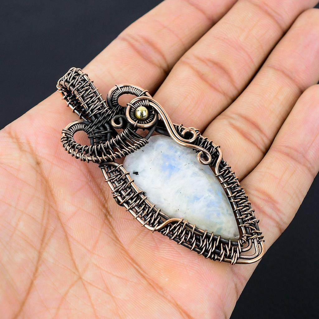 Moonstone Gemstone Pure Copper Wire Wrapped Handmade Pendant Jewelry For Gift