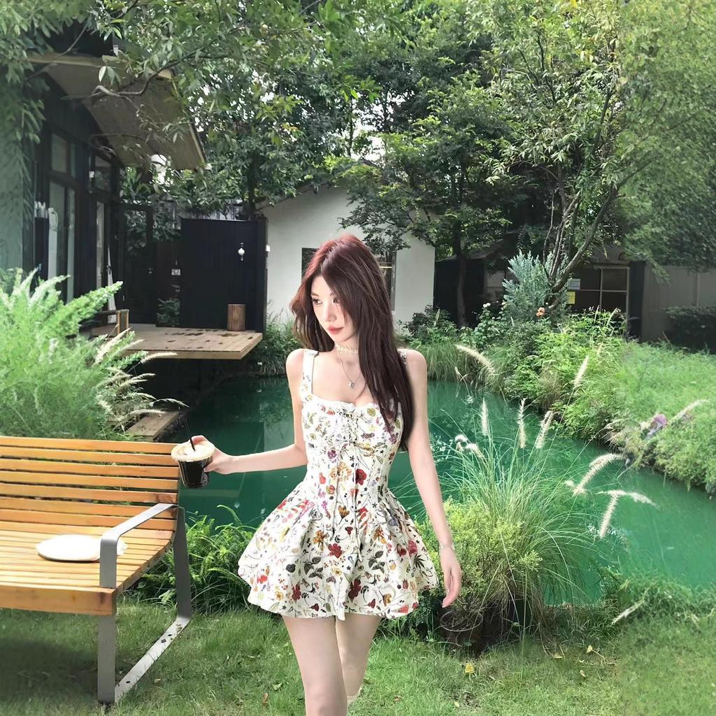 Sweet design French suspender dress women's summer floral skirt sweet A-shaped skirt