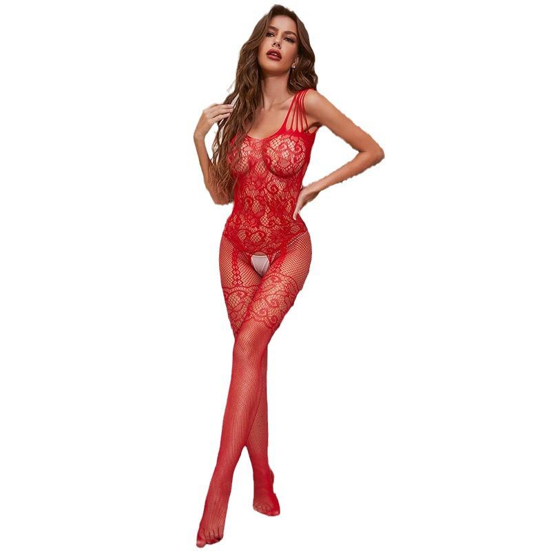 European & American Red Christmas Lingerie Bodysuit with Fishnet and Rhinestones