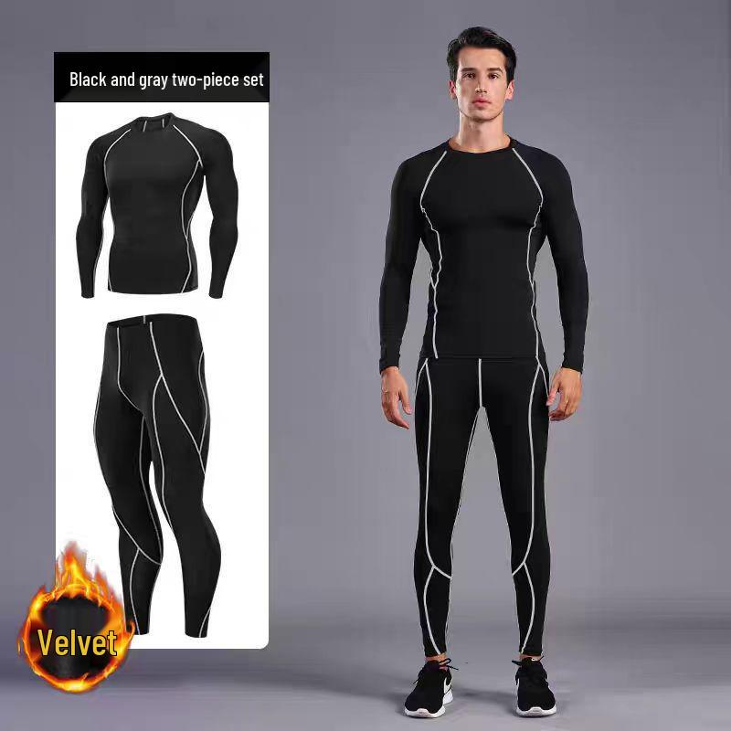 Men's Quick-Dry High Elastic Velvet Warm Sports Set - Long Sleeve Fitness & Training Gear for Basketball & Football.