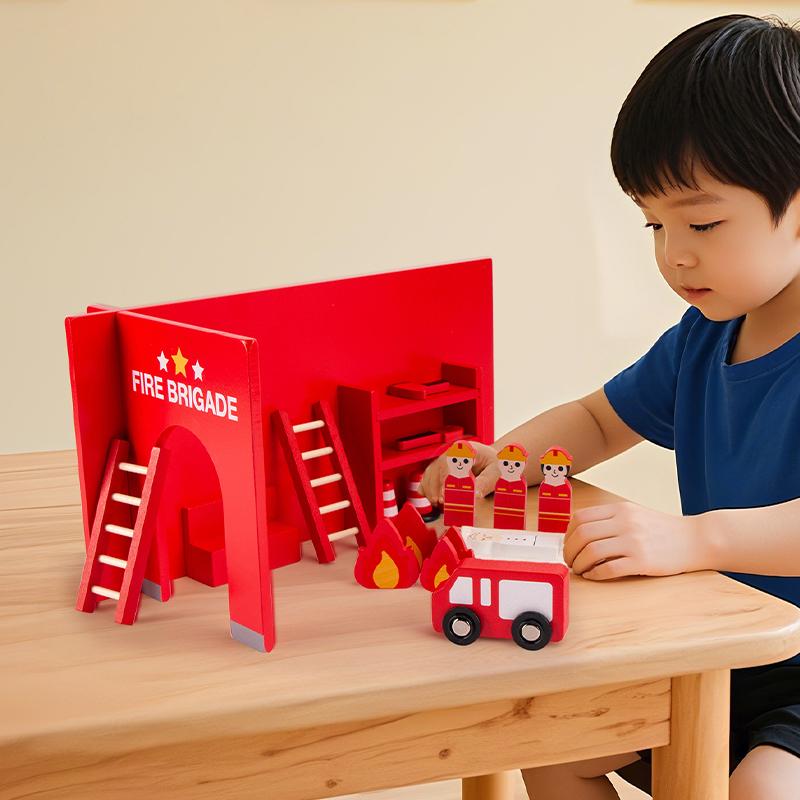 Montessori Wooden Toys Children Fire Station Police Station Simulation Toy Pretend Play Tools Construction Toy Motor Skills Kids