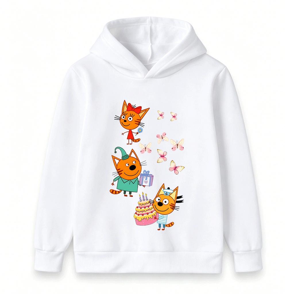 Kids Boys Girls Hoodie Cartoon Orange Cats Butterflies Print Pullover Hooded Sweatshirt Casual Birthday Party Streetwear Soft Warm Children