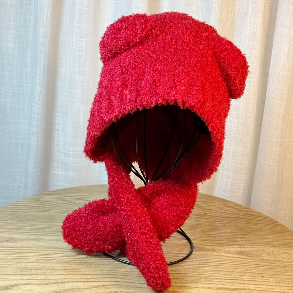 Versatile Cute Little Bear Hat for Women In Autumn and Winter Lamb Velvet Warm and Cold Hat Cold Proof Ear Protection and Neck Scarf All In One Hat