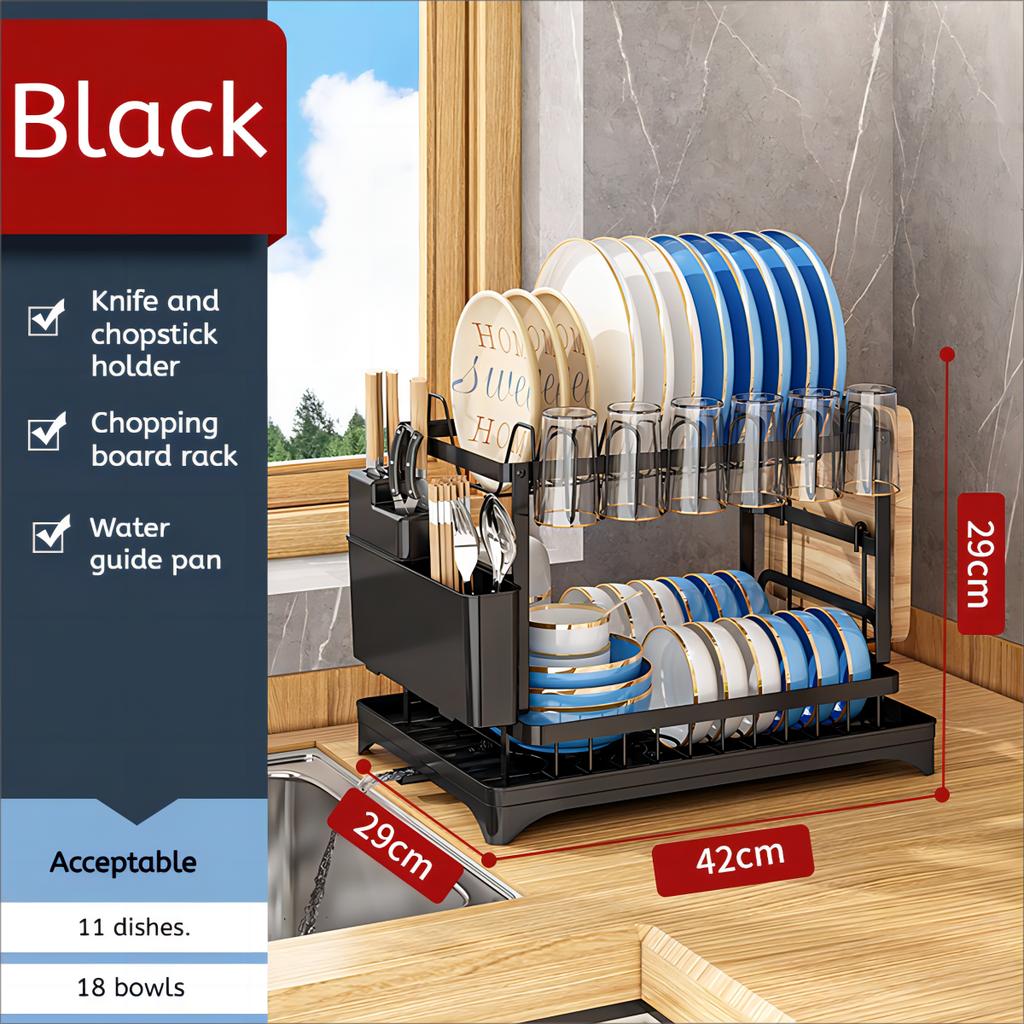 2 Tier Dish Drying Rack Kitchen Bowl Drainer Storage Rack Tableware Drain Chopsticks Knife Fork Water Cup Storage Holder 2 Tier