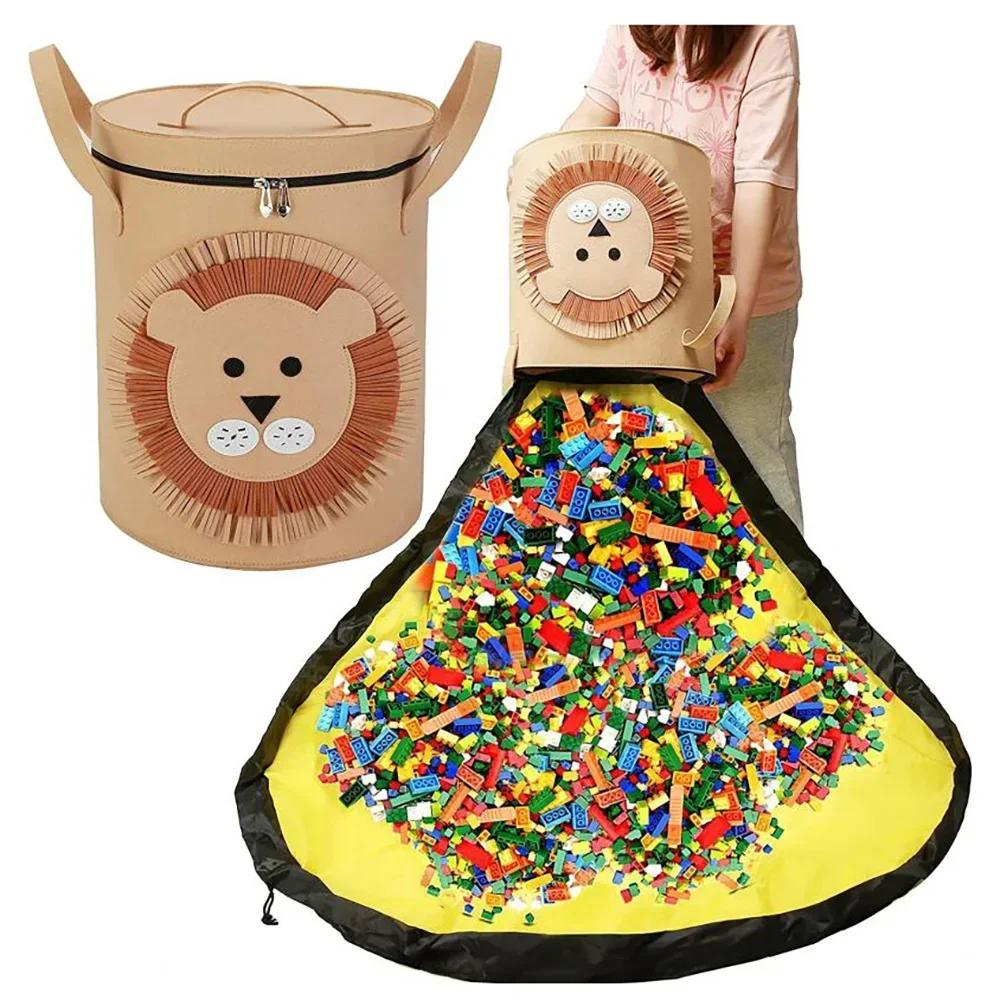 Abnehmbare, faltbare Spielzeug-Aufbewahrungstasche aus Filz, niedlicher Tier-Organizer, Reißverschlussbeutel, staubdicht, große Baustein-Spielmatte für Kinder