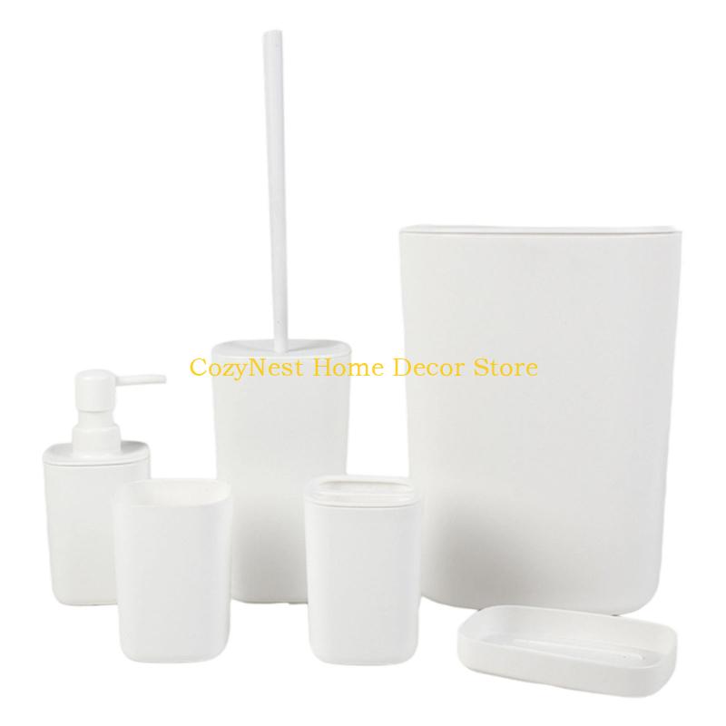 92MF Plastic Bathroom Accessories Set 6pc Hygienic Toothbrush Cup Wastebasket Planner Space Saving Plan
