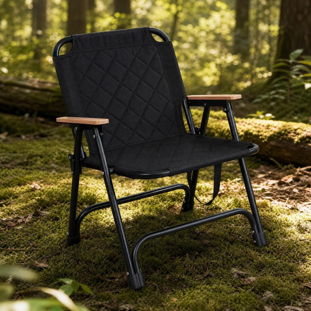 Portable Camping Chair with Wooden Armrests Supportive Padded Folding