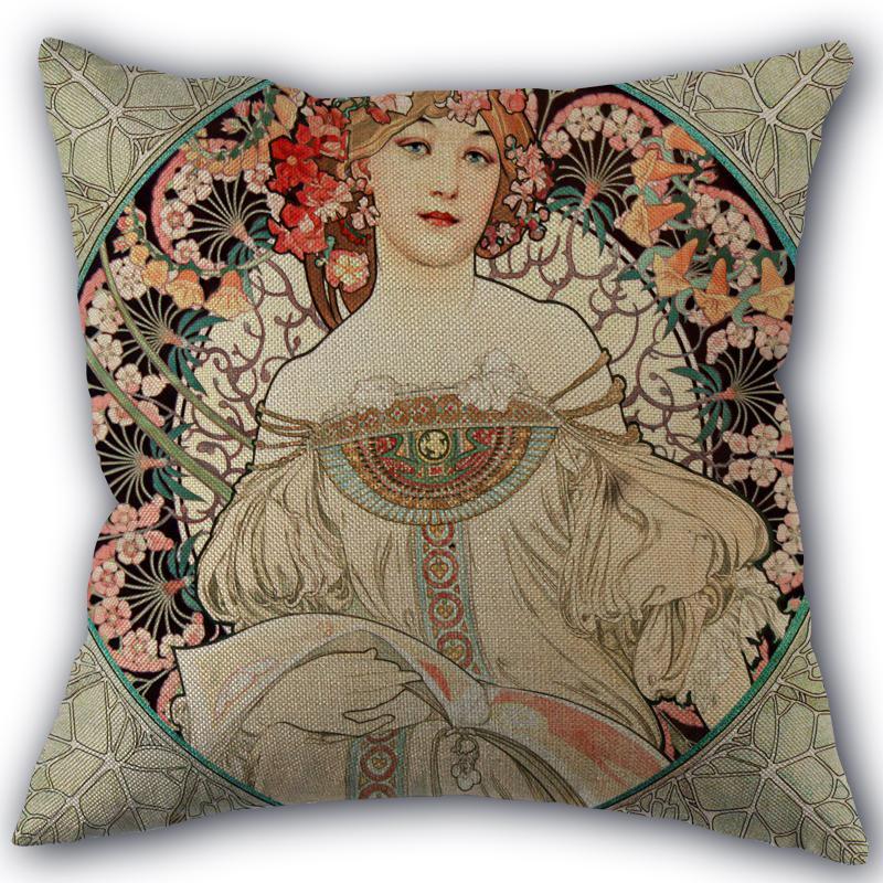 Custom Alphonse Mucha Art Pillowcase Cotton Linen Fabric Square Zipper Pillowcase 45X45 Wedding Decorative Pillow Cover