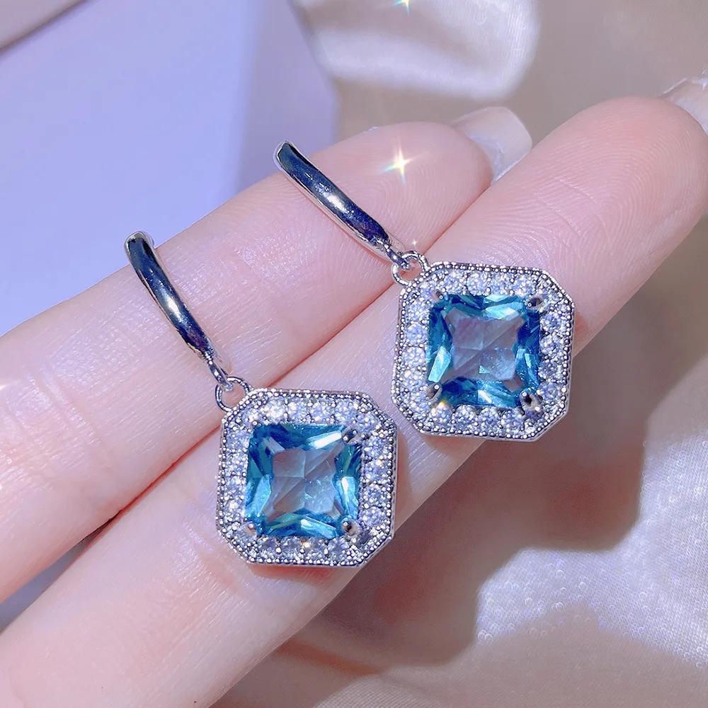 Fashion Square Sapphire Set Pendants Earrings Ring Sterling Silver Sets Fashion Bridal Decoration Colorful Gifts