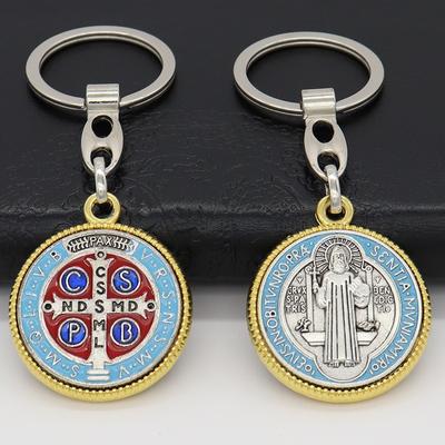 2 llaveros con medallón de San Benito, colgante católico de San Benito, llavero de Jesús, accesorios de joyería religiosa de metal para regalo de bolso