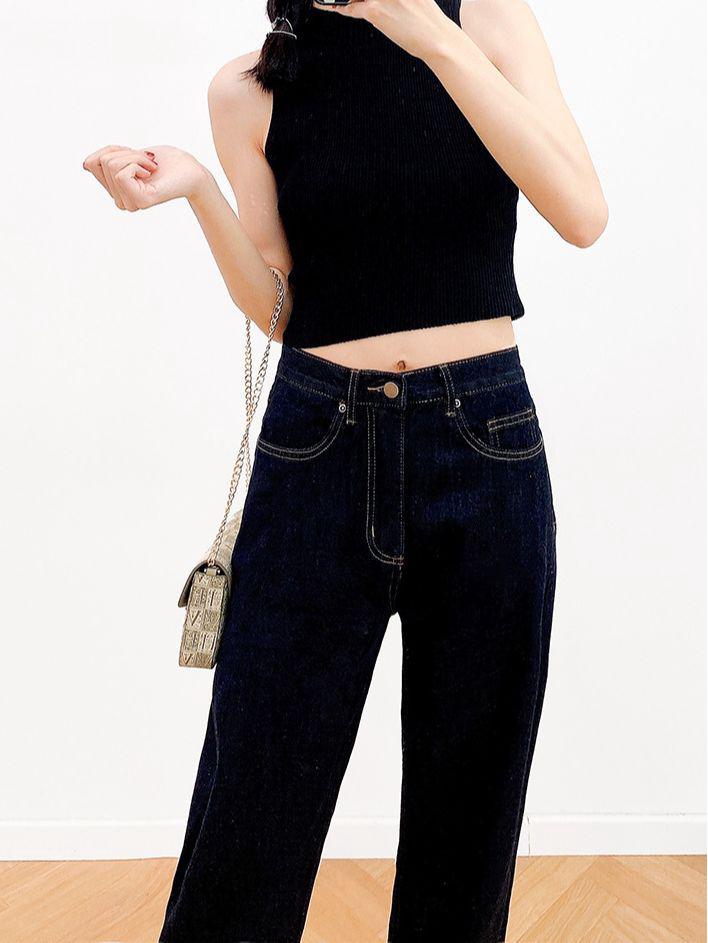 Okayama Selvedge Denim Jeans, Red Trim, Original Color, Dark Blue Cuffed Hem, Straight Leg, Slim Fit, Classic Retro Style.