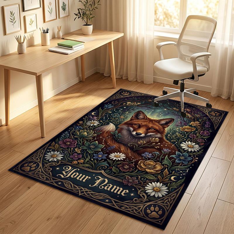 Forest Fox Theme Soft Crystal Velvet Rug Custom Name & Text Print Non Slip Floor Rug for Bedroom Living Room