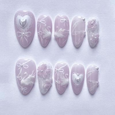 Elegant 3D White Swan Press-On Nails with Heart Bowknot Design - Short Almond Shape Fake Nail Tips