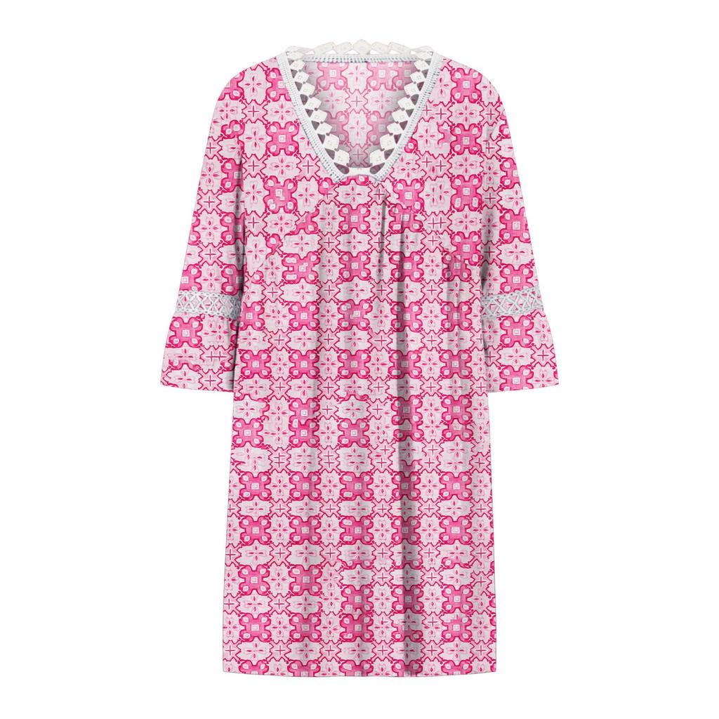 Women's Fashion Women's V-neck Printed Lace Patchwork Bohemian Casual Resort Three Quarter Sleeve Dress