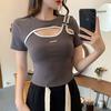 American Retro Spicy Girl Covers Her Belly and Looks Slim with A Short Top Design. Metal Buckle Fake Two Piece Short Sleeved T-shirt for Women