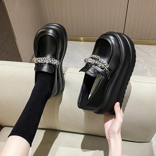 Móda Nové Dámské Kožené Boty Klín Platforma Řetízkové Boty Podzim 7,5CM Vysoké podpatky Neformální boty Nové Nazouvací robustní boty s tlustou podrážkou