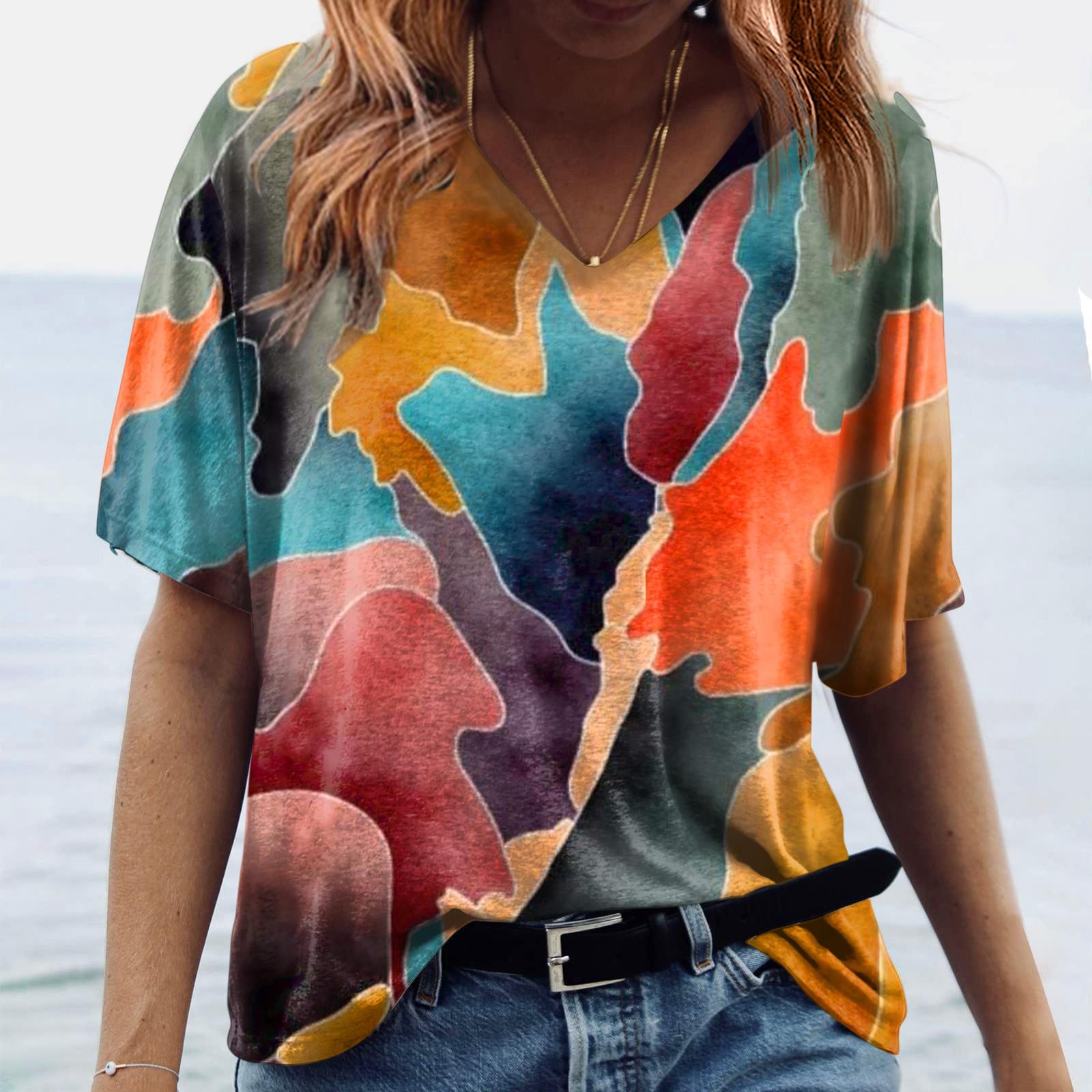 

Женские модные повседневные топы с принтом, рубашки с короткими рукавами, пуловеры с V-образным вырезом, футболки XXXL оранжевый